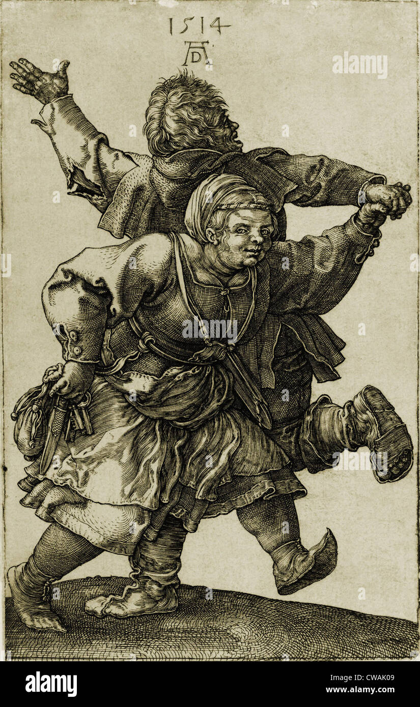 Dancing German peasant couple. Albrecht Durer engraving of 1514. Stock Photo