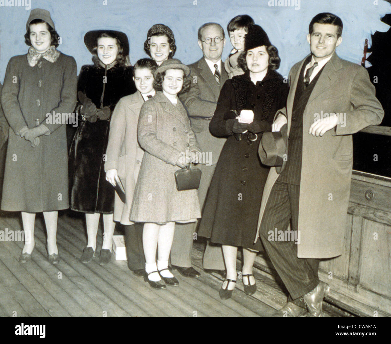 Kennedys on boat to England;Patricia, Kathleen, Eunice, Robert Jean, Joe, Ted, Rosemary, Joe Jr.1938. Courtesy: CSU Archives / Stock Photo