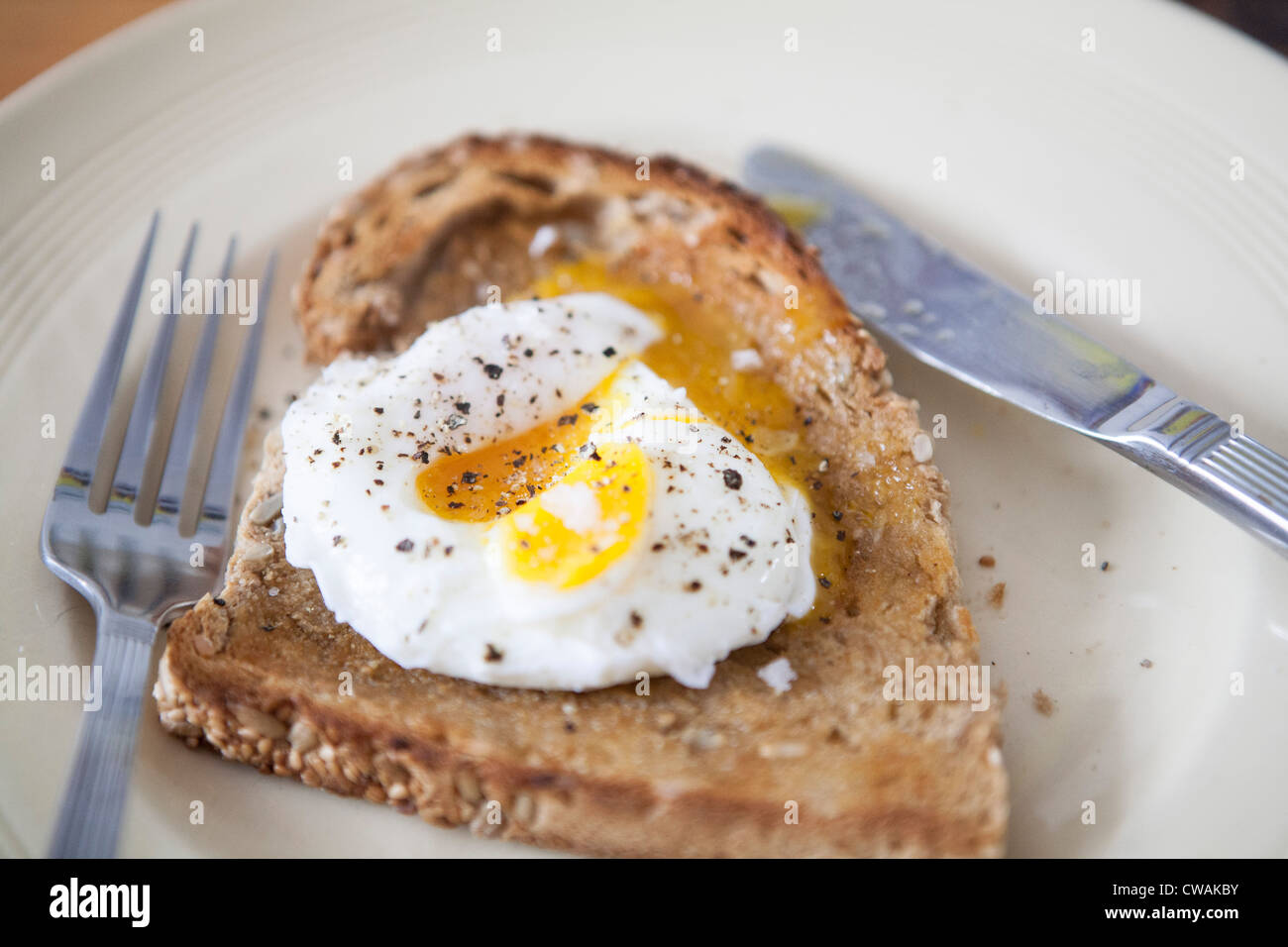 Poached egg on toast. Stock Photo