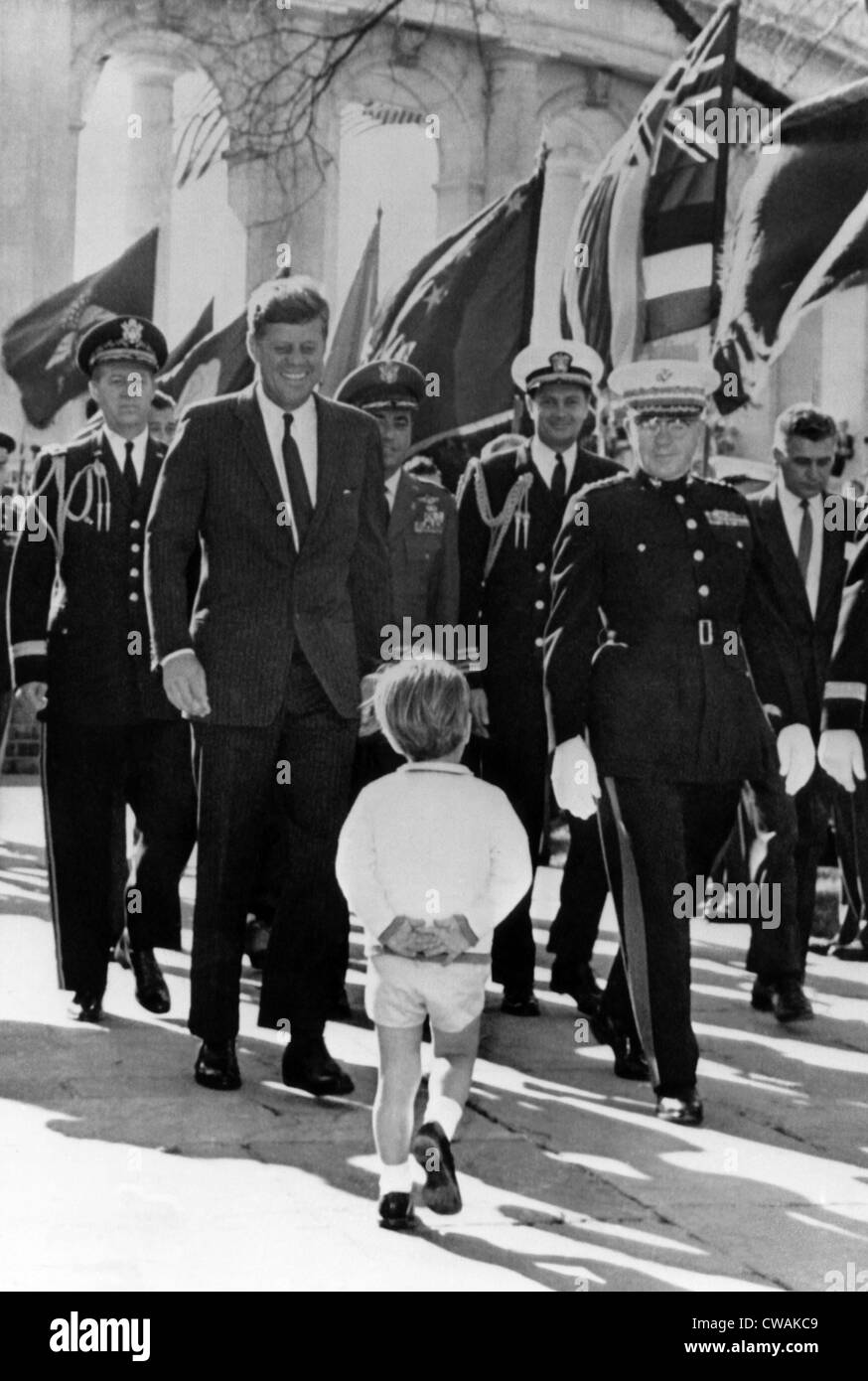 Major Gen. Chester V. Clifton, Army aide, John F. Kennedy, Brig. Gen. Godfrey McHugh, Air Force, John F. Kennedy Jr. (front), Stock Photo