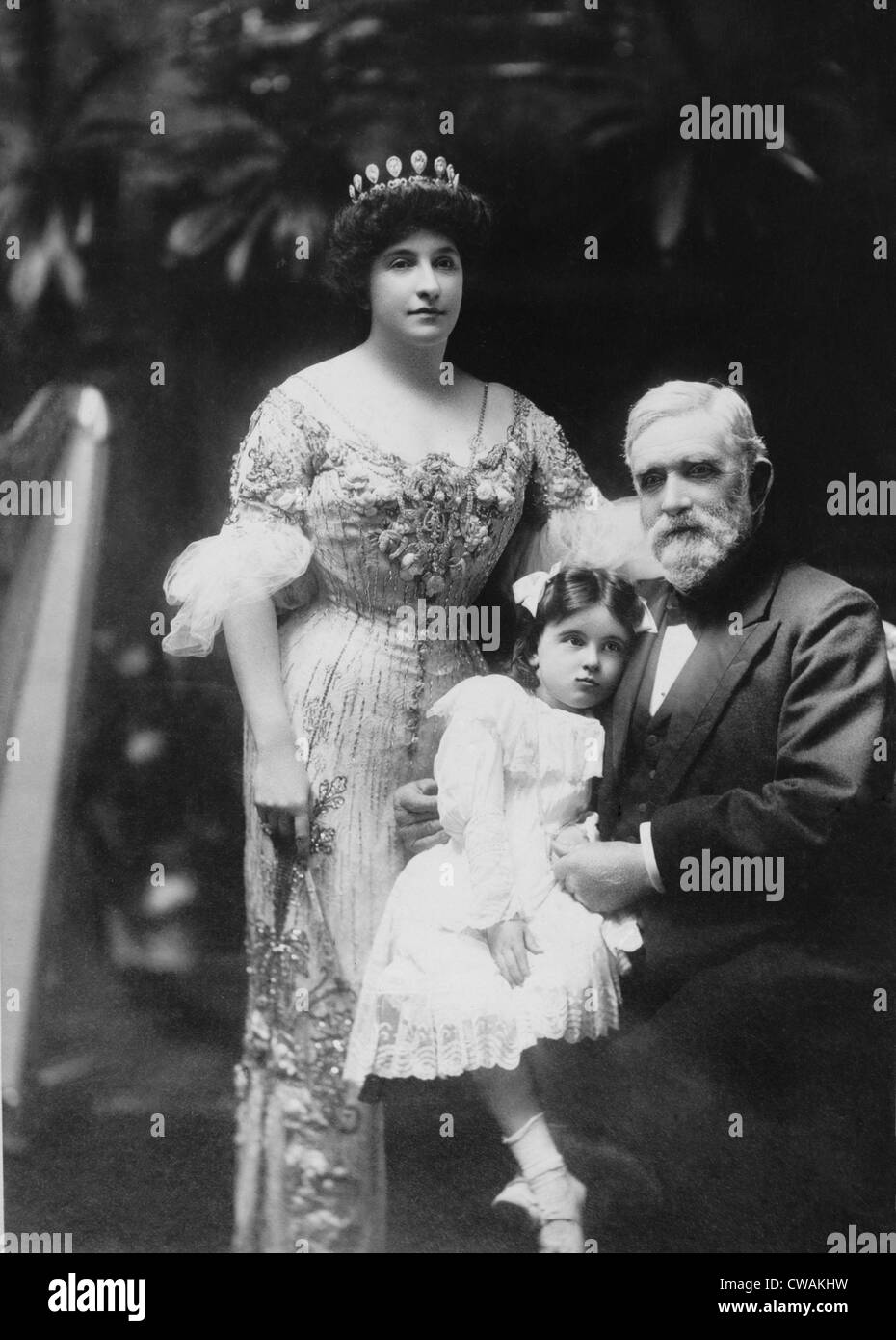 Nellie Melba (1859-1931), popular opera star with her father, David Mitchell, and a young girl, in her native Melbourne, Stock Photo