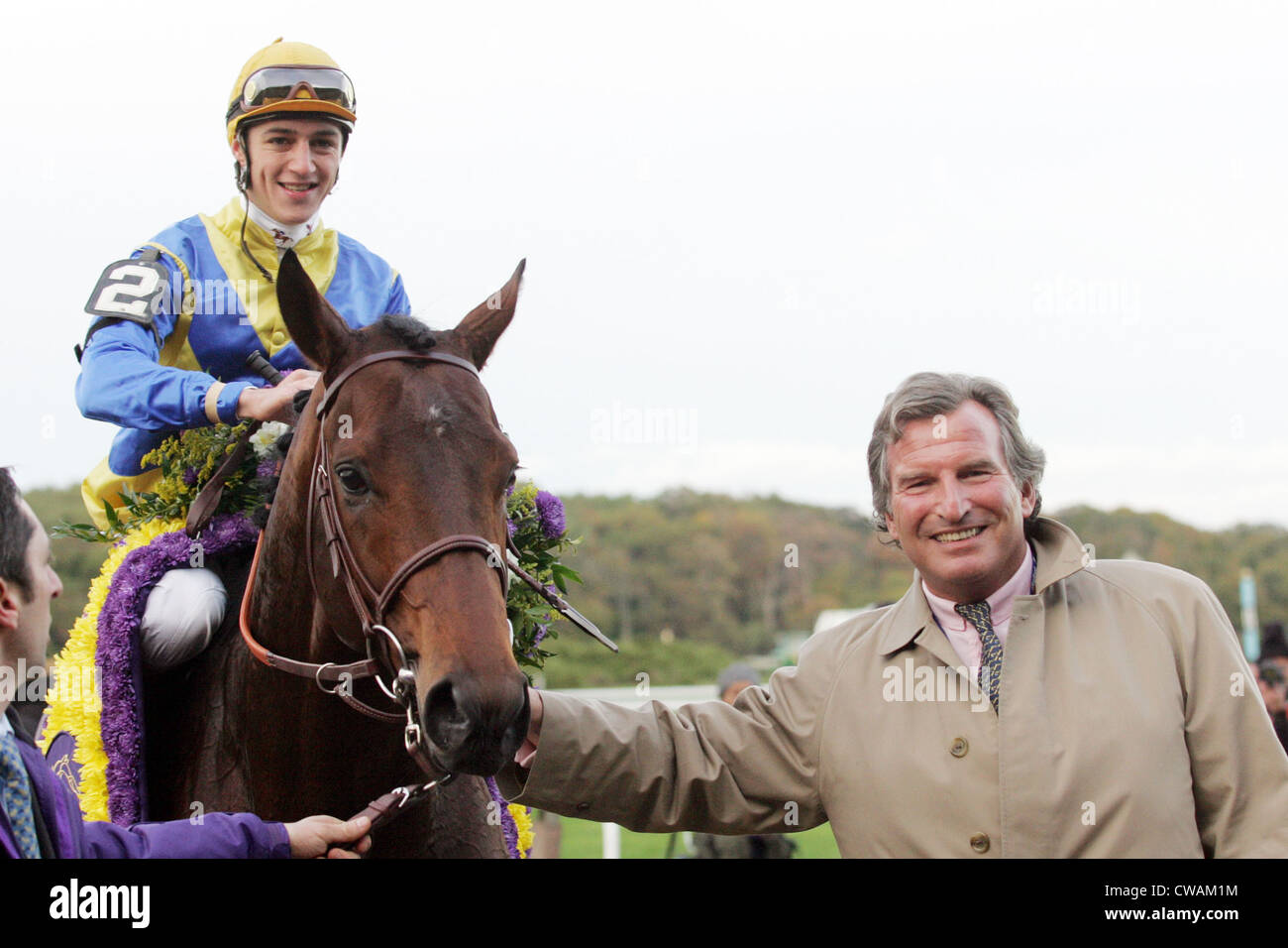 New York, jockey Christophe Soumillon after the victory in the Breeders' Cup Turf Shirocco. Right Owner Georg Baron von Ullmann Stock Photo