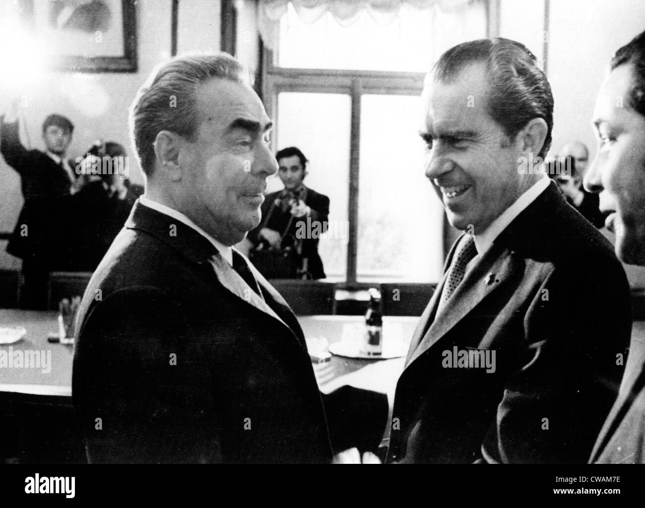 Leonid Brezhnev meets with President Richard Nixon at the Kremlin, Moscow, May 1972. Courtesy: CSU Archives / Everett Collection Stock Photo