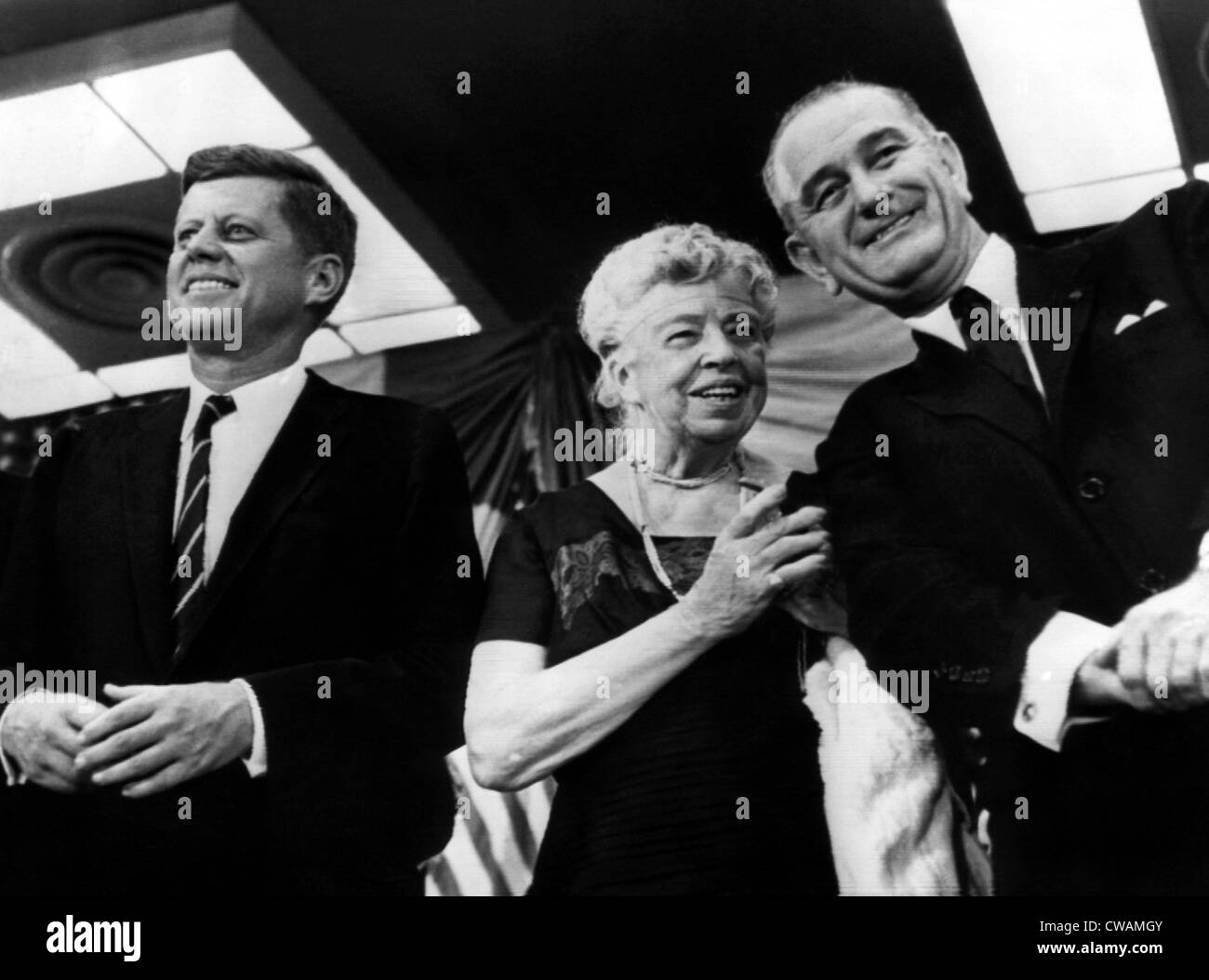 Presidential Candidate John F. Kennedy, Eleanor Roosevelt, and Vice Presidential candidate Lyndon B. Johnson at a rally in New Stock Photo