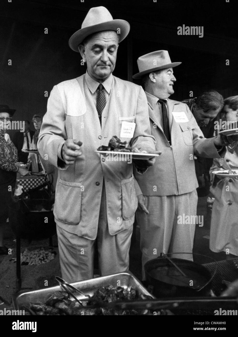 President Lyndon B. Johnson and Vice President Hubert Humphrey at a barbecue victory celebration at the LBJ ranch. November 4, Stock Photo