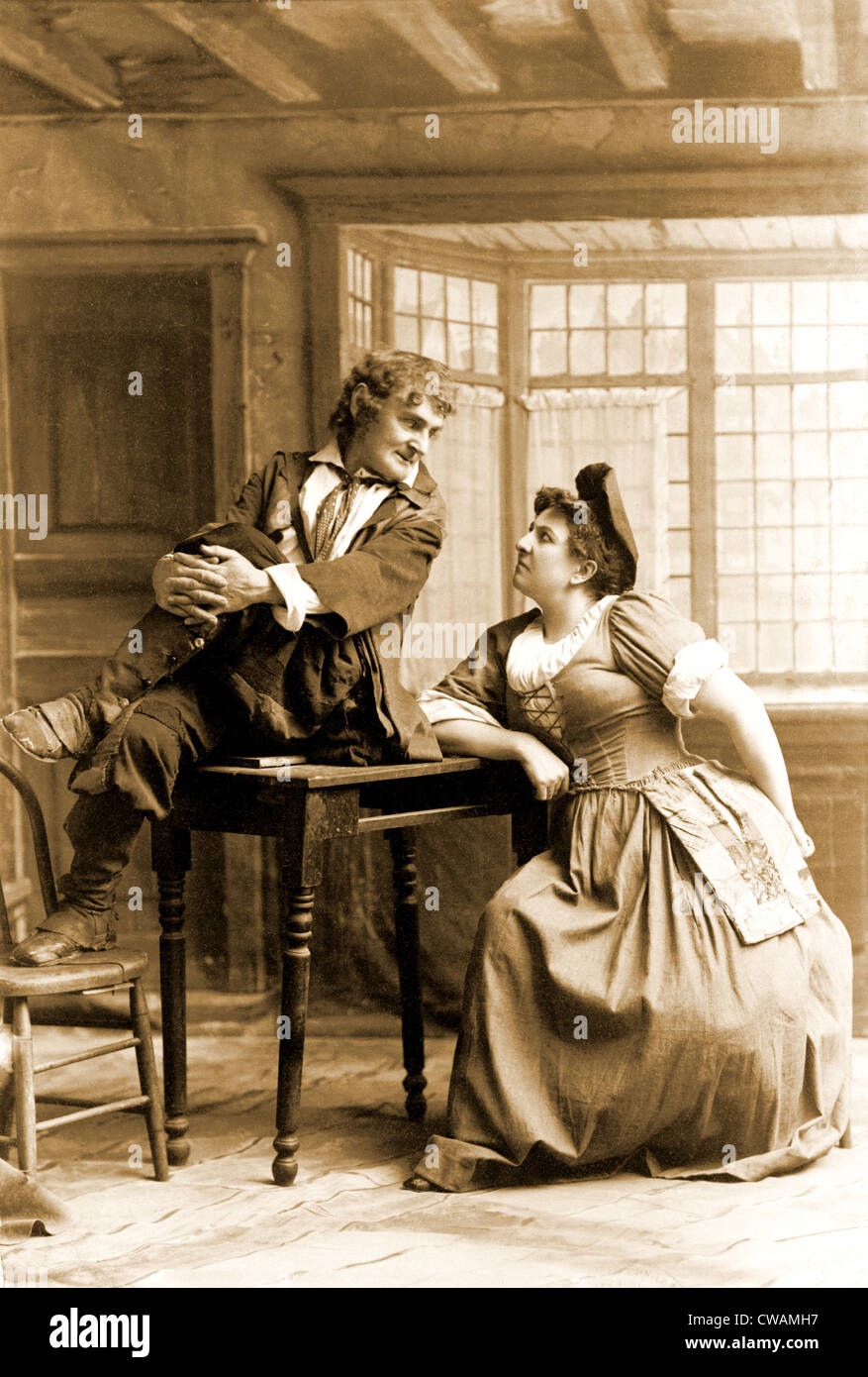 Joseph Jefferson (1829-1905), American actor, seated on table, looking at a woman before the sleep of 20 years. 1894. Stock Photo