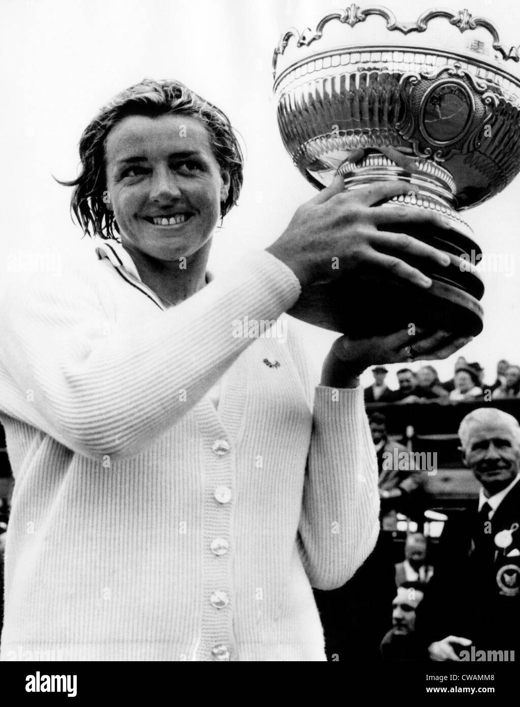 Australian Tennis player Margaret Court hold up British Hard Courts trophy after defeating Vinnie Shaw of Great Britian in Stock Photo