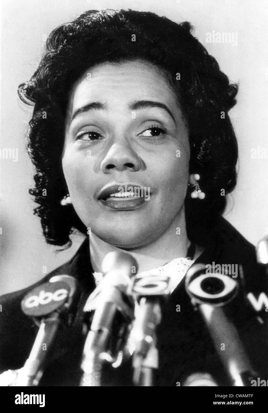 Coretta Scott King, speaking at a press conference with the announcement of plans for a memorial center in honor of her late Stock Photo