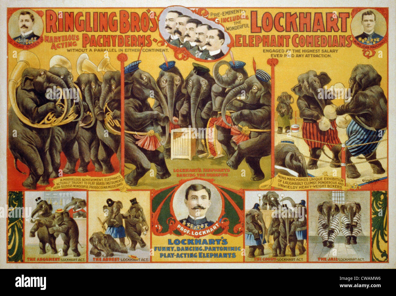 Poster for Ringling Bro's circus featuring a performing elephants, playing musical instruments and boxing. Stock Photo