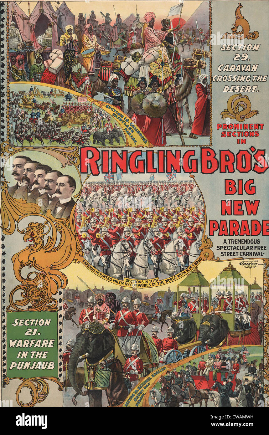 Poster  Ringling Brothers' Circus showing five separate parades evoking foreign lands, military adventure, English racing, and Stock Photo