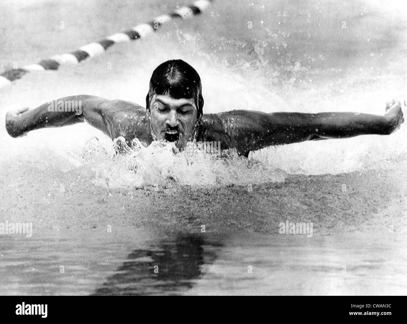 Mark Spitz swimming to a new world record in the men's 200-meter butterfly at the US Olympic Swimming Trials, Portage Park, Stock Photo