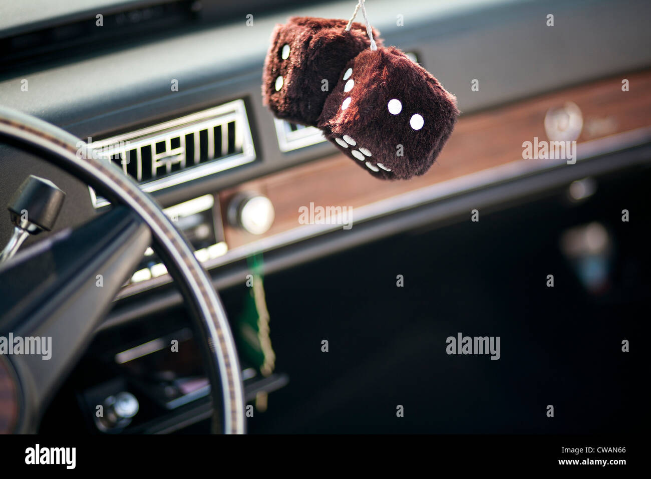 Furry dice hanging in car Stock Photo