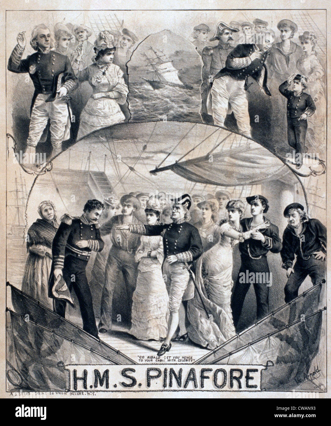 Gilbert & Sullivan's comic operetta, H.M.S. PINAFORE about a romance between the daughter of a ship's captain who loves a Stock Photo