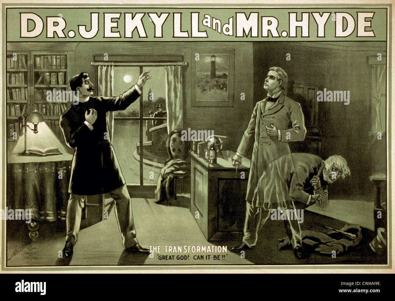 Theatrical poster shows the lawyer Utterson observing the Dr. Jekyll undergoing metamorphosis into Mr. Hyde. The play was based Stock Photo