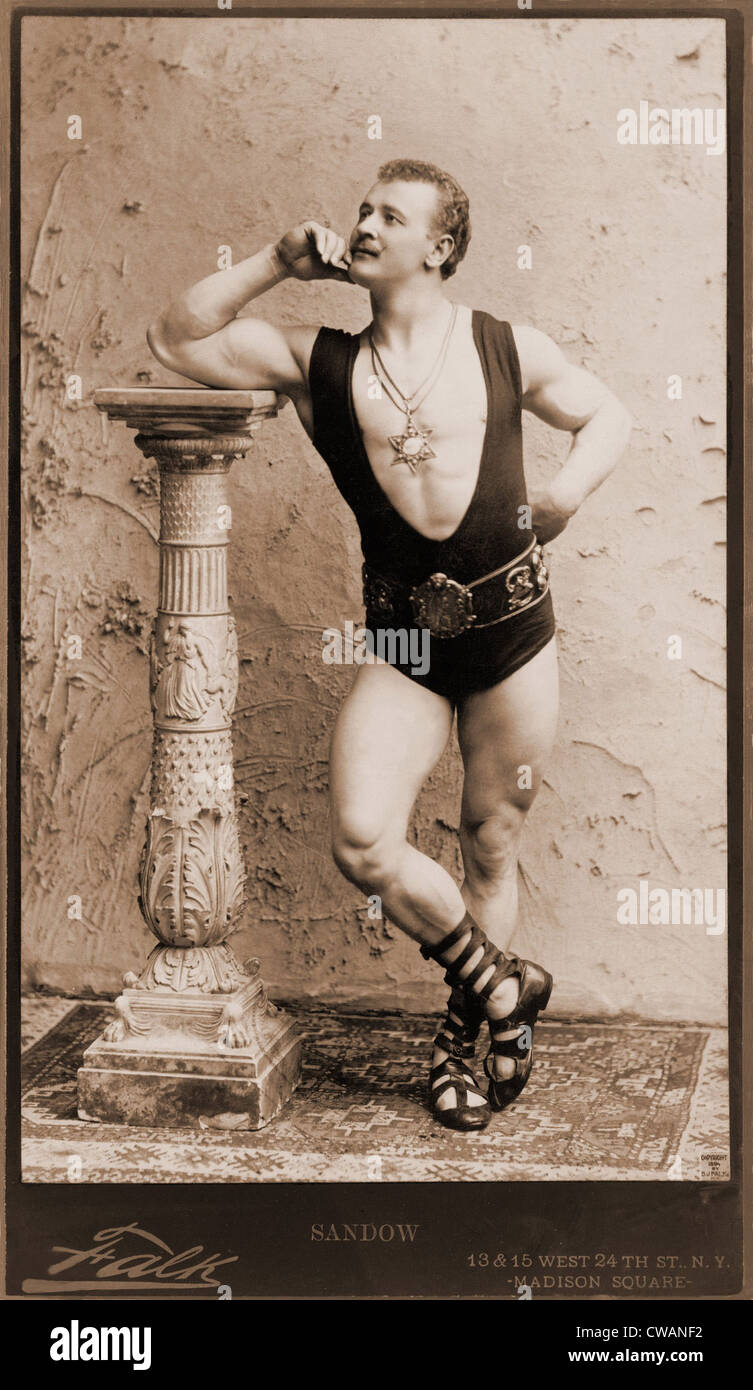 Eugen Sandow (1867-1925), German born strongman, wearing wrestling leotard, Roman sandals, and six pointed star pendant. 1894. Stock Photo