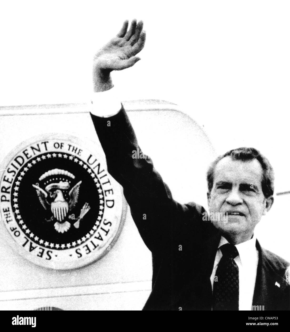 The Presidential Seal behind him for the last time, Richard M. Nixon boards Air Force One for California after resigning, Stock Photo