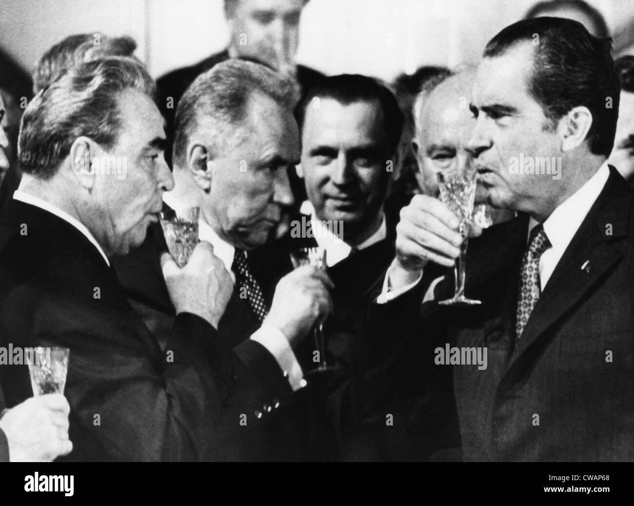 Soviet General Leonid Brezhnev, Soviet Premier Alexey Kosygin, U.S. President Richard Nixon, toasting the signing of the treaty Stock Photo