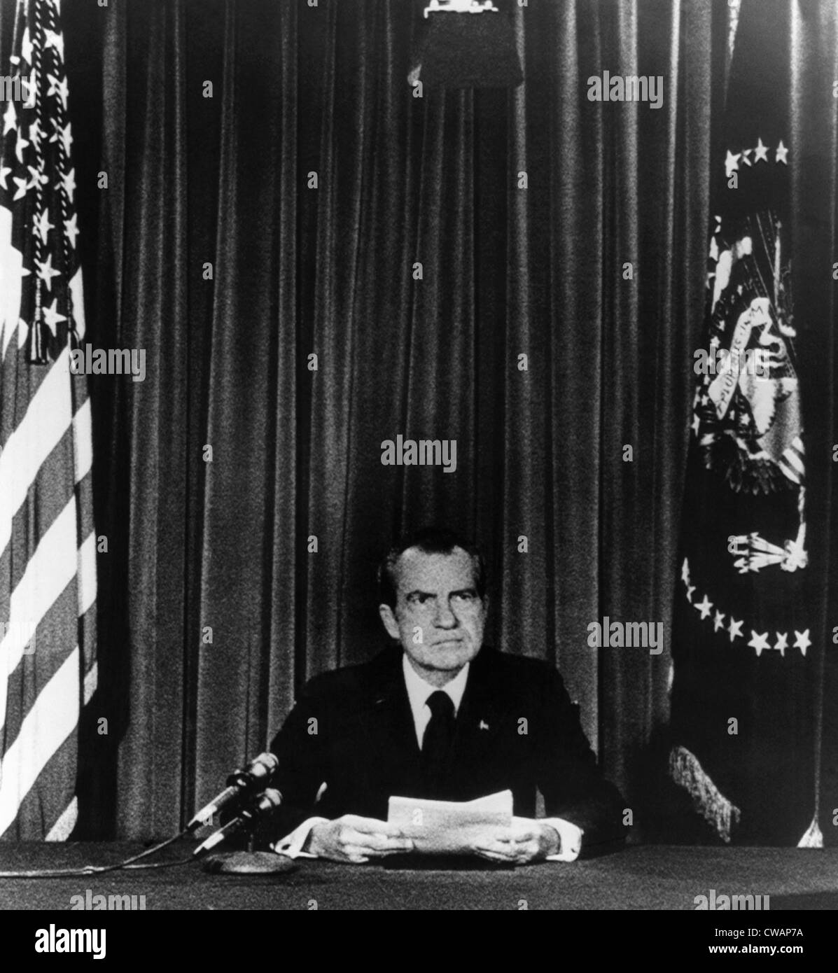 U.S. President Richard Nixon going on national television from the White House to announce his resignation, Washington D.C., Stock Photo