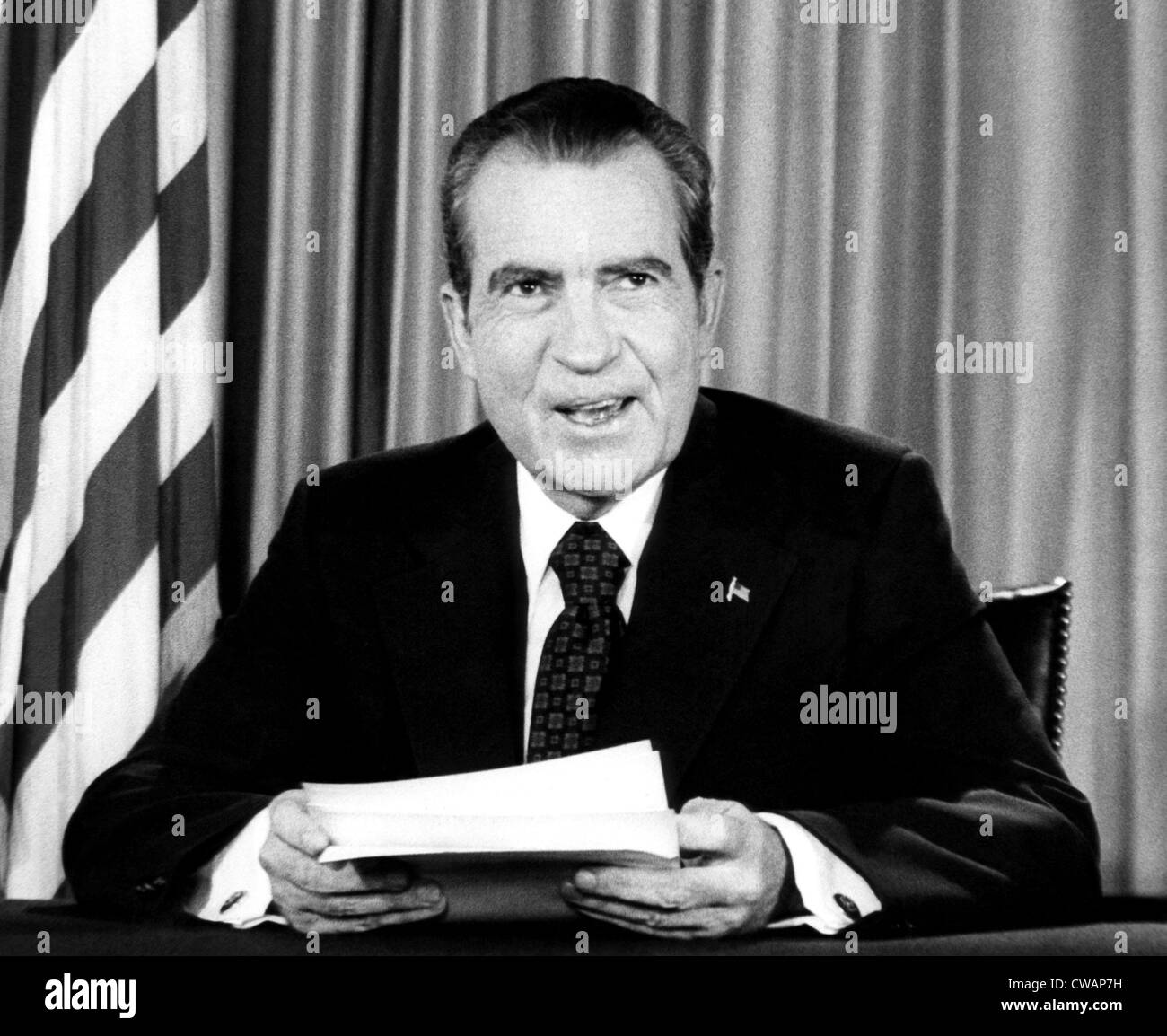 In a nationally televised address, U.S. President Richard Nixon declares his innocence in the Watergate scandal, Washington Stock Photo