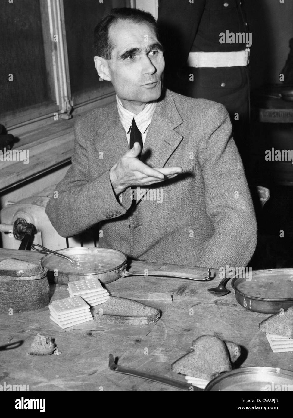 Nazi war criminal Rudolph Hess eating between sessions at the Nuremberg trials, 1945. Courtesy: CSU Archives / Everett Stock Photo