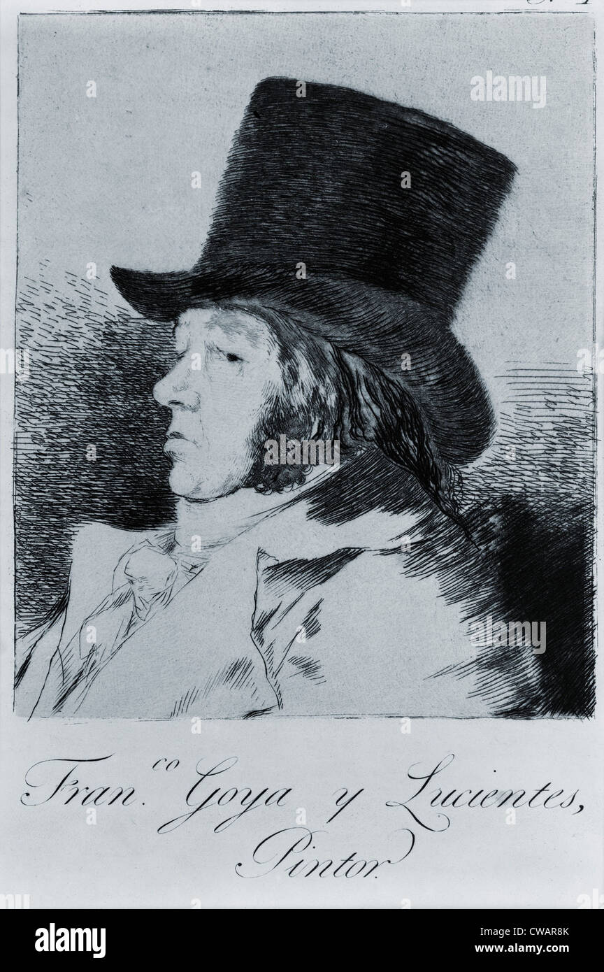 Francisco Goya (1746-1828), self portrait etching in a top hat. Ca. 1795. Stock Photo