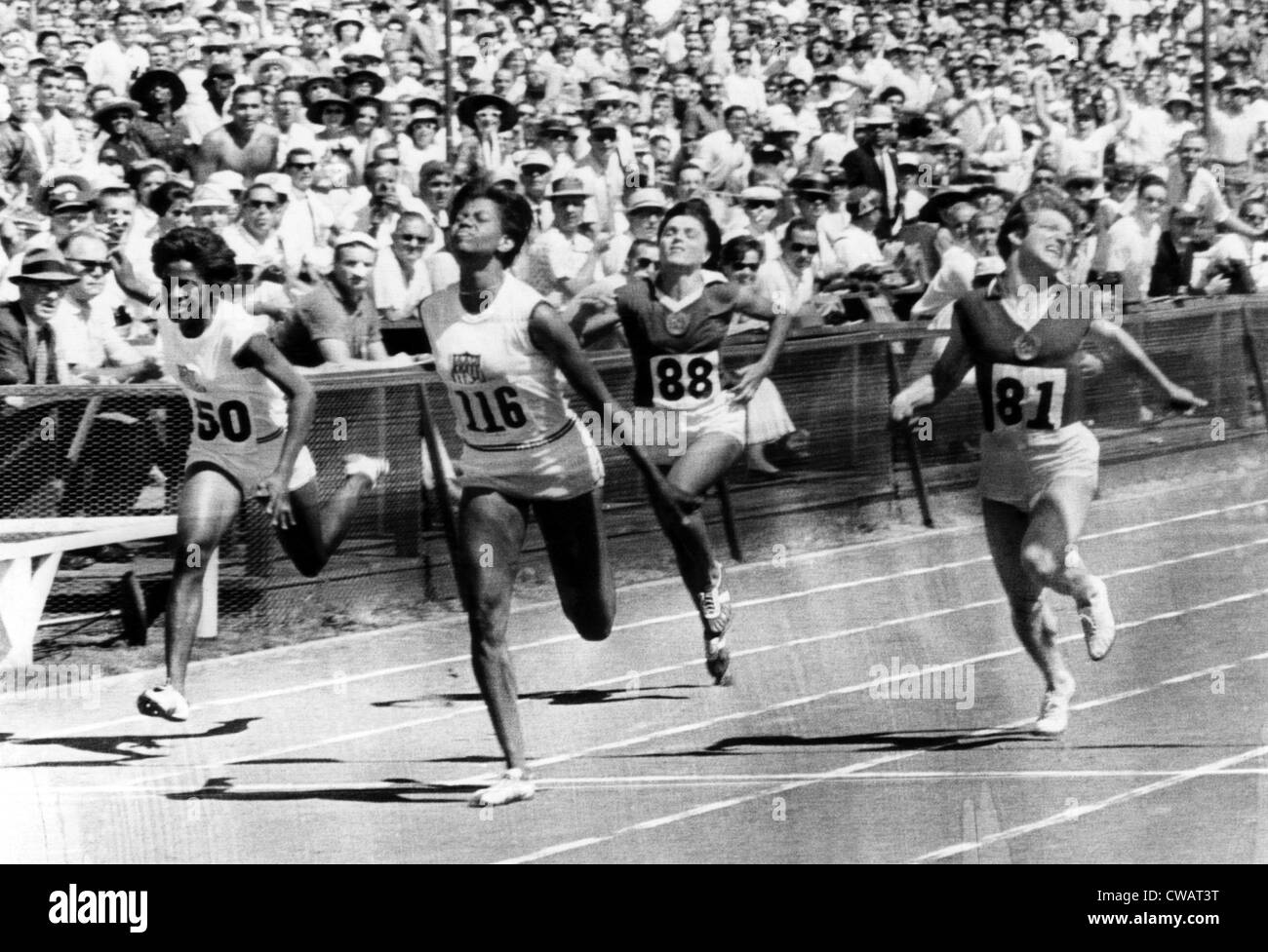 Wilma Rudolph, Winning the Women's 100-meter dash (center left), Edith McGuire (left), Galina Popova (center right), Maria Stock Photo