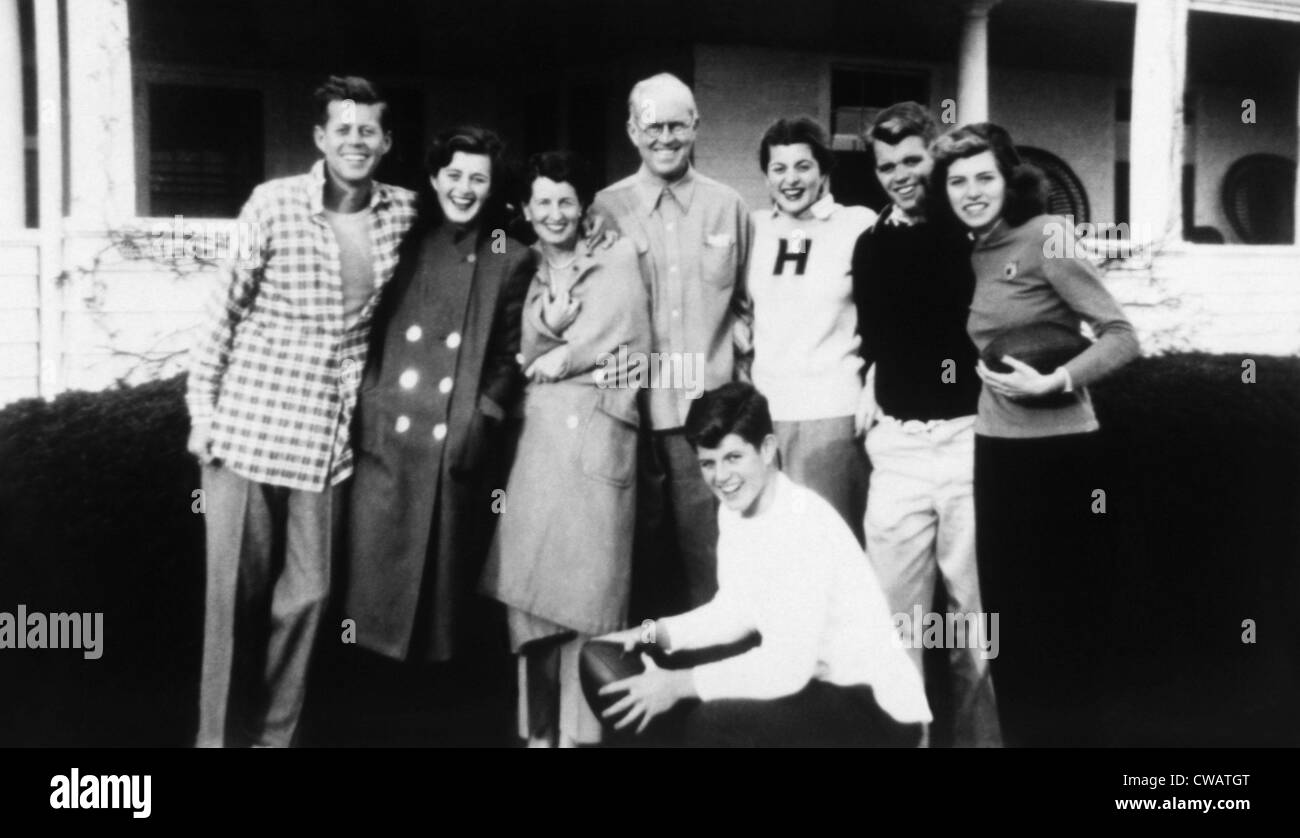 From left, John F. Kennedy, Jean Kennedy Smith, Rose Kennedy, Joseph Kennedy, Patricia Kennedy Lawford, Robert Kennedy, Eunice Stock Photo