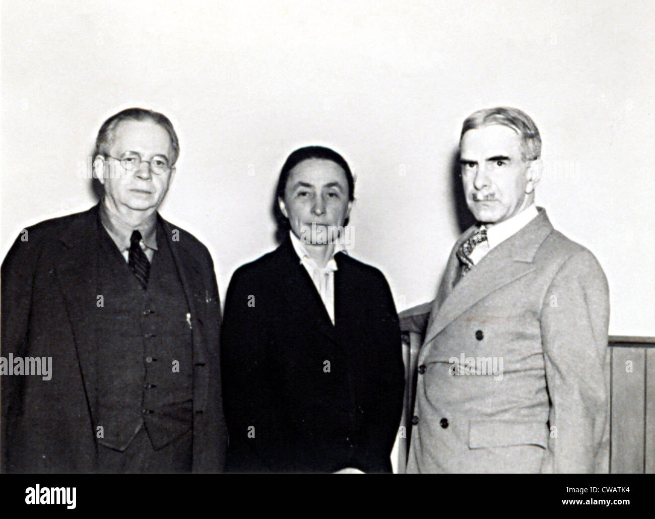 Artists, MAHONRI YOUNG, and GEORGIA O'KEEFFE,  with George W. Eggers, Head of Fine Arts at City College, NYC, April, 1937. Stock Photo