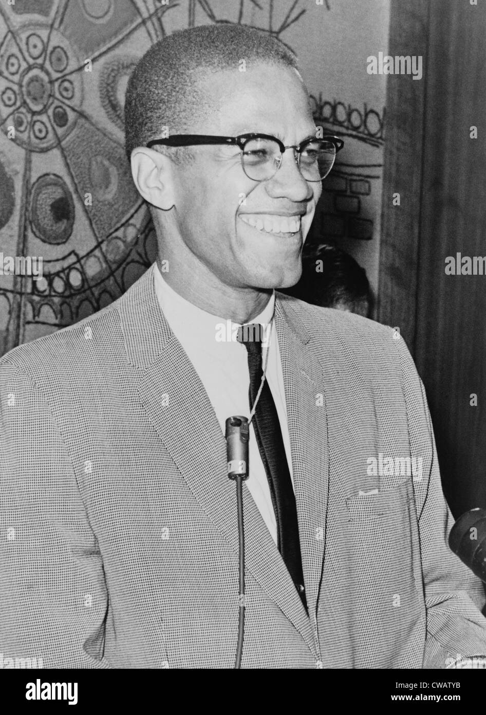 Malcolm X (1925-1965) speaking in 1964, the year he broke with the separatist the Nation of Islam and adopted a more moderate Stock Photo