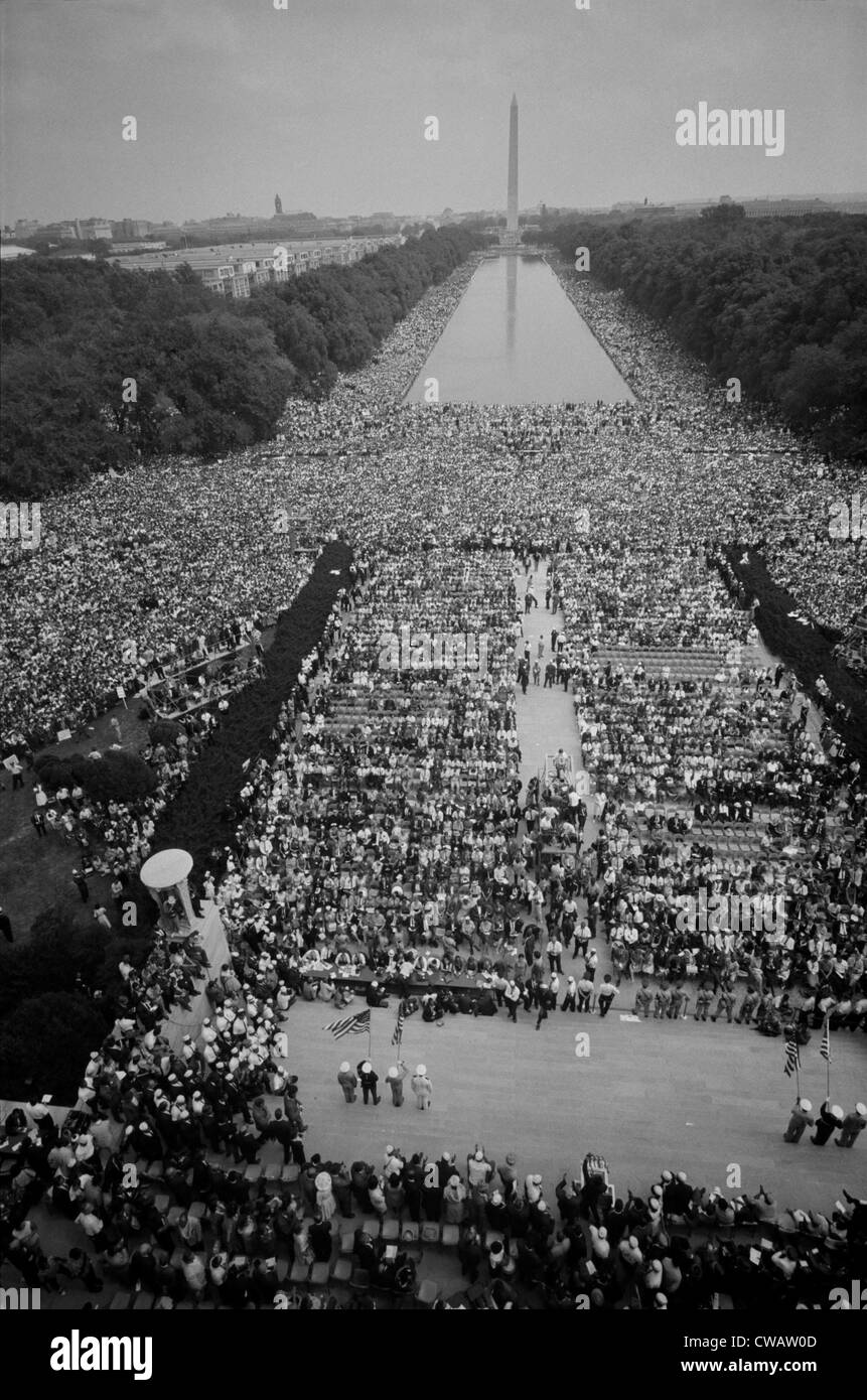 1963 March on Washington, at the height of the 20th century civil rights movement.  Crowds of people on The Mall, dwarfed Stock Photo