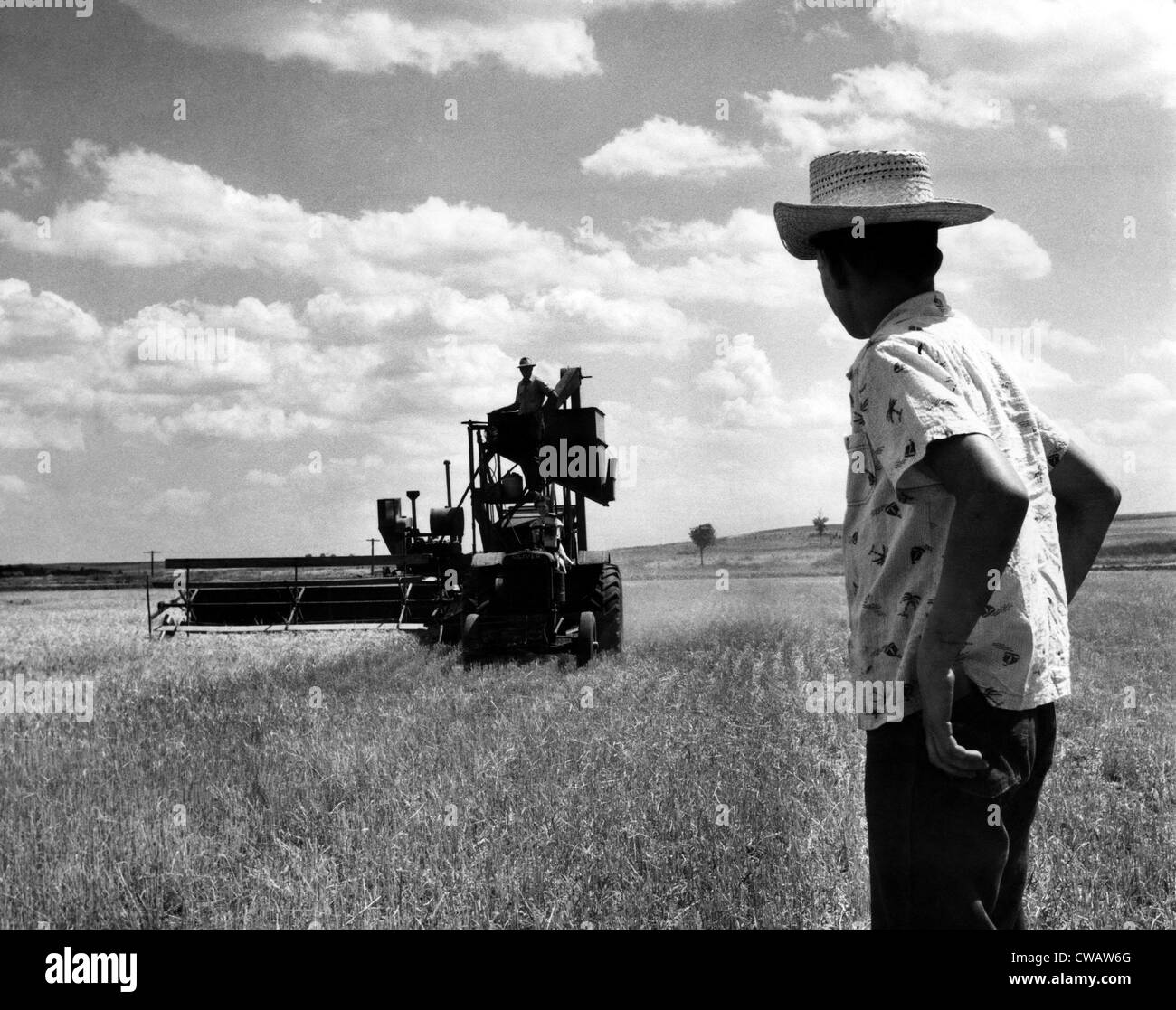 L.B. Selleck stands on a  combine, while his daughter, Sandra takes over the tractor and his son, David, helps out in Kansas. Stock Photo