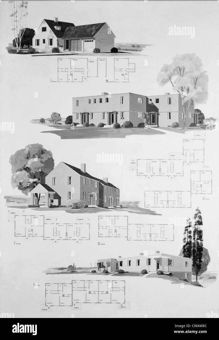 House plans for resettlement project built under the umbrella of the Federal Emergency Relief Act, of May 12, 1933. Greenhills, Stock Photo