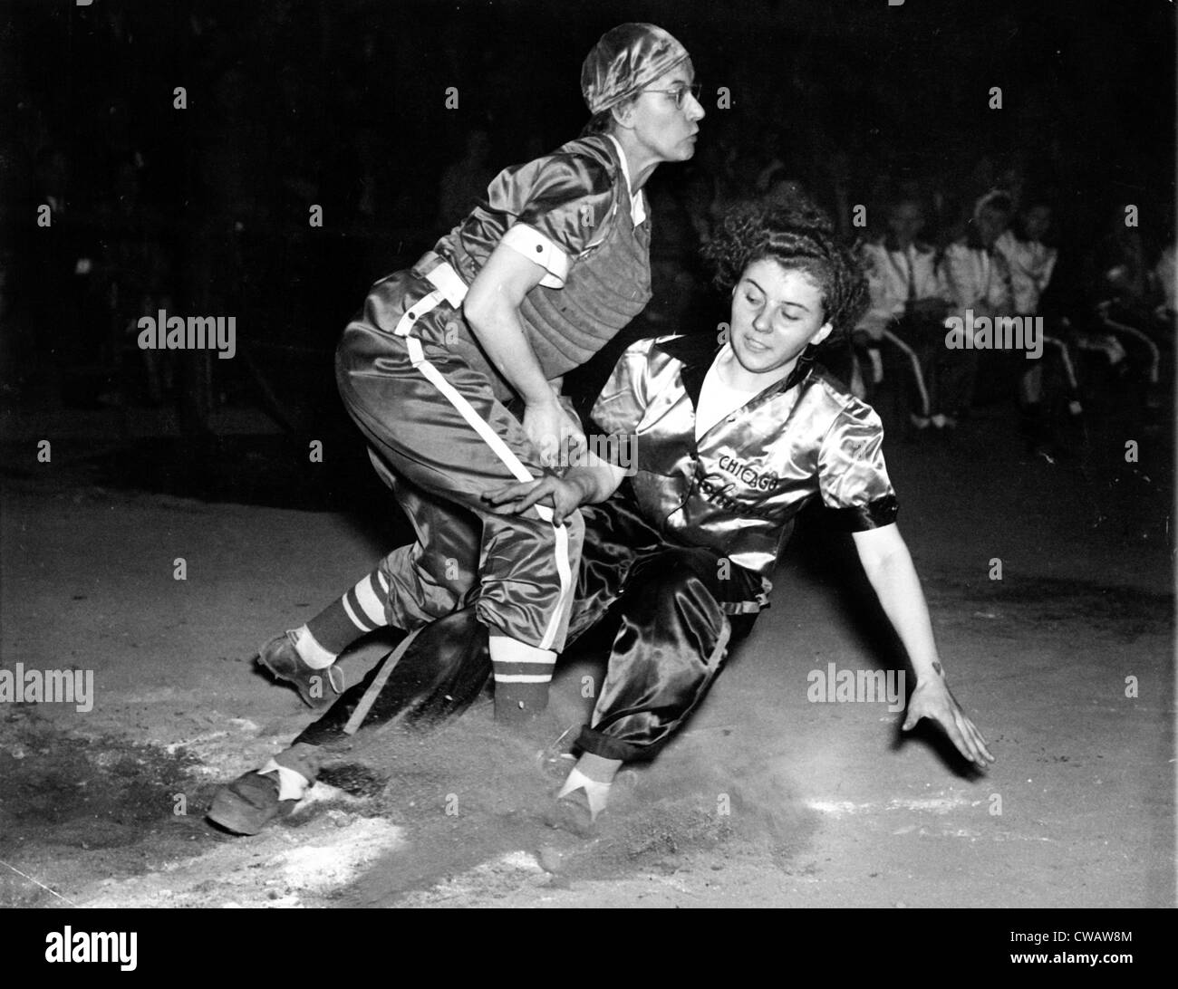 BASEBALL, Mary Farmer of the Chicago Chicks, & Liz Walsh of the Parichy Bloomers, from the National Girls Softball League, Stock Photo