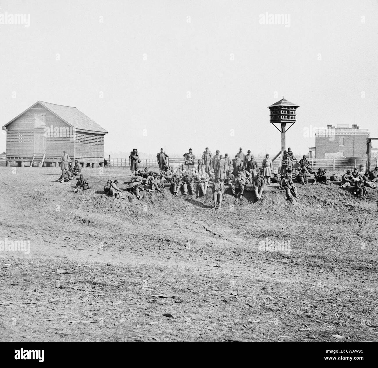 Wounded African-American soldiers with Army of the James, resting at Aiken's Landing, Virginia.  The Richmond-Petersburg Stock Photo