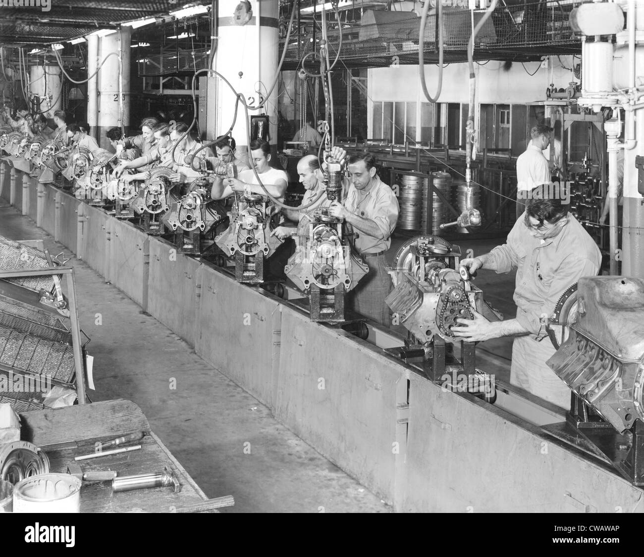 Cadillac assembly line, at their car manufacturing plant, Detroit, Michigan, November 23, 1954. Courtesy: CSU Archives/Everett Stock Photo