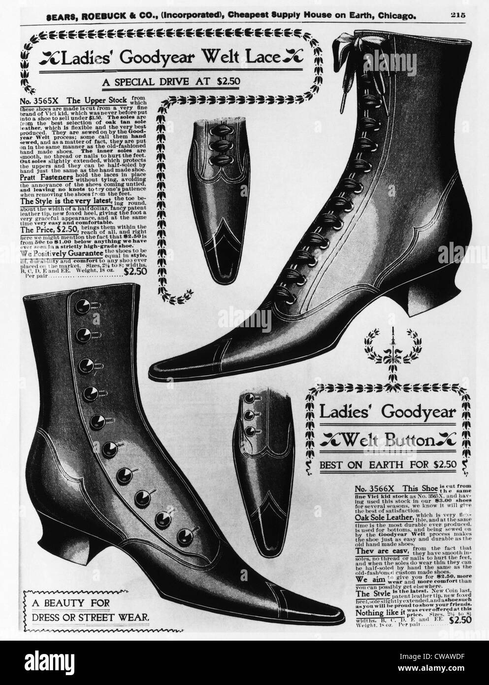 A page from an 1897 Sears Roebuck catalog offering Ladies' Goodyear Welt Lace and Button boots, each costing $2.50 a pair. Stock Photo