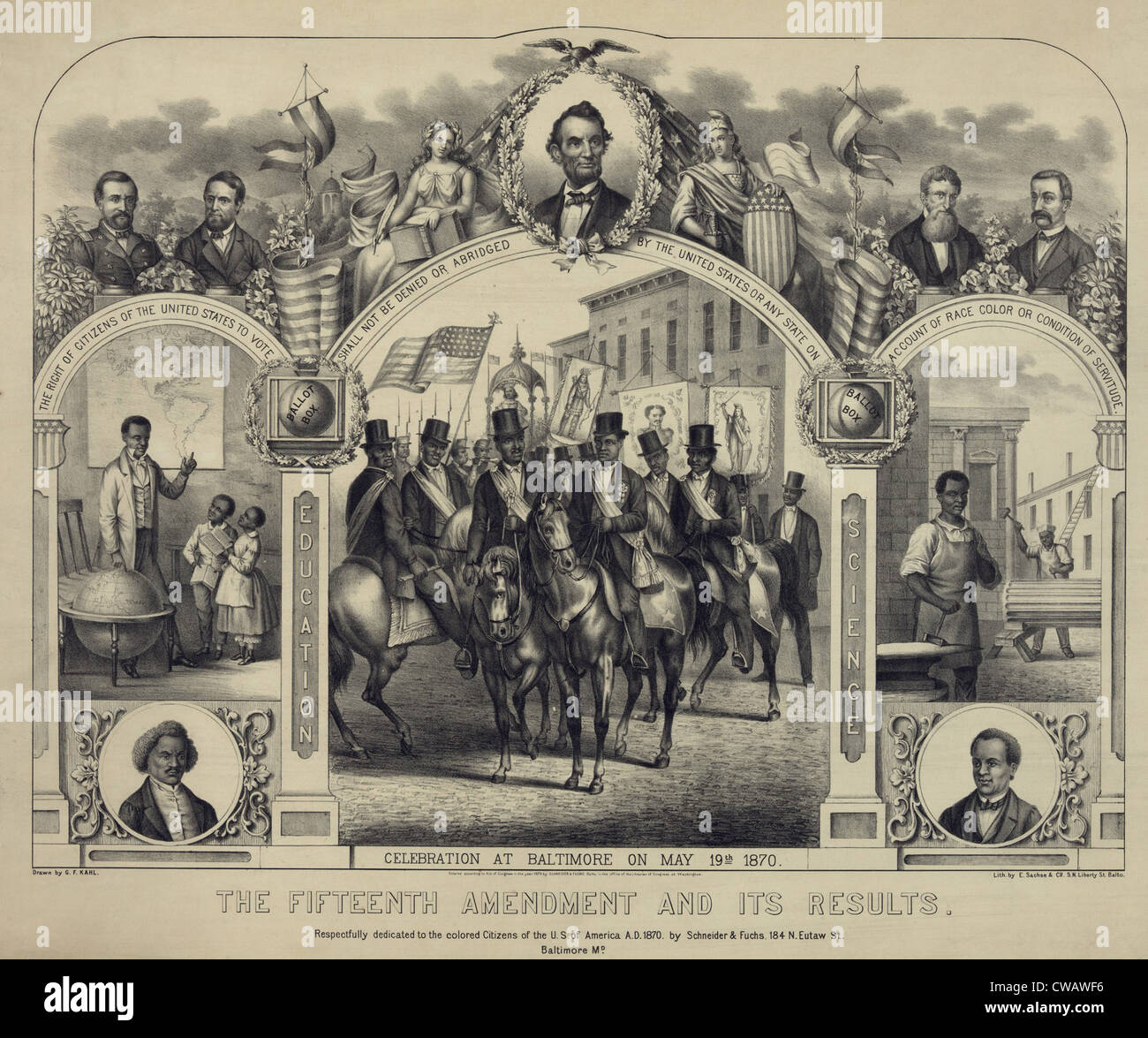 The Fifteenth Amendment banning voting discrimination was celebrated in this 1870 print. Central panel shows African American Stock Photo
