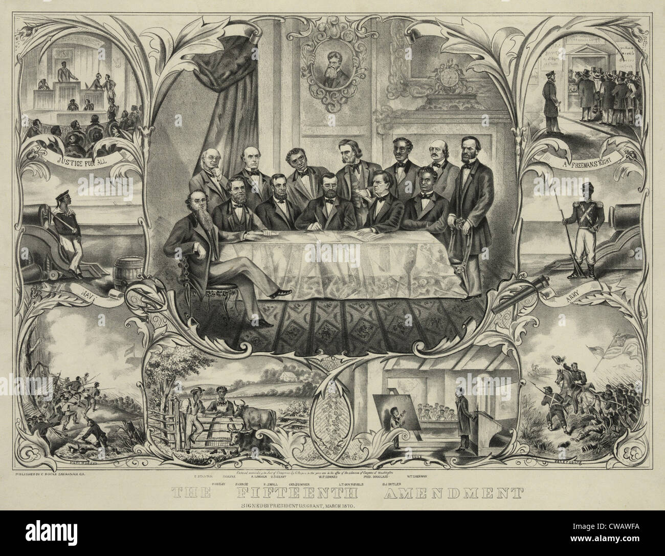 President Grant with group of men signing the 15th amendment banning voting racial discrimination. Vignettes along sides and Stock Photo