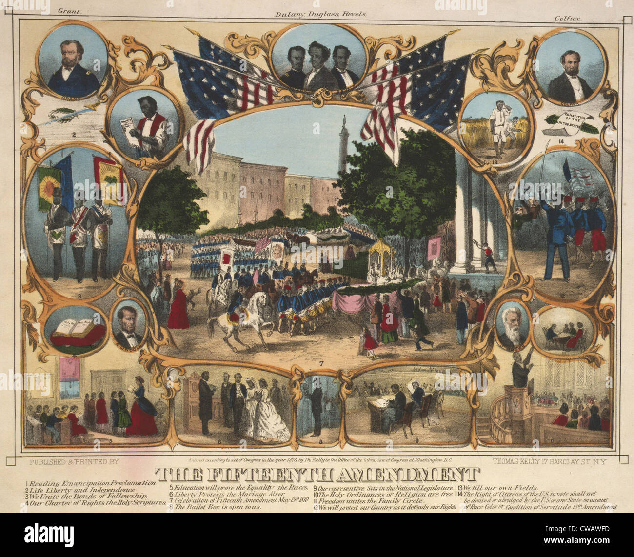 1870 print illustrating the rights granted by the 15th amendment. The Fifteenth Amendment celebrated by parade, by portraits, Stock Photo