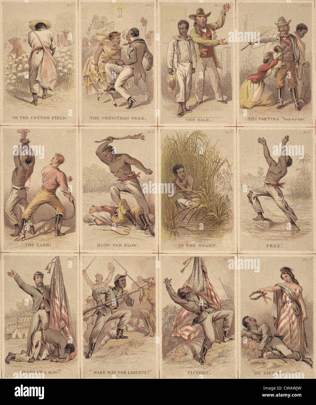Twelve illustrated cards narrating the journey of a slave from plantation life to the struggle for liberty, for which he gives Stock Photo