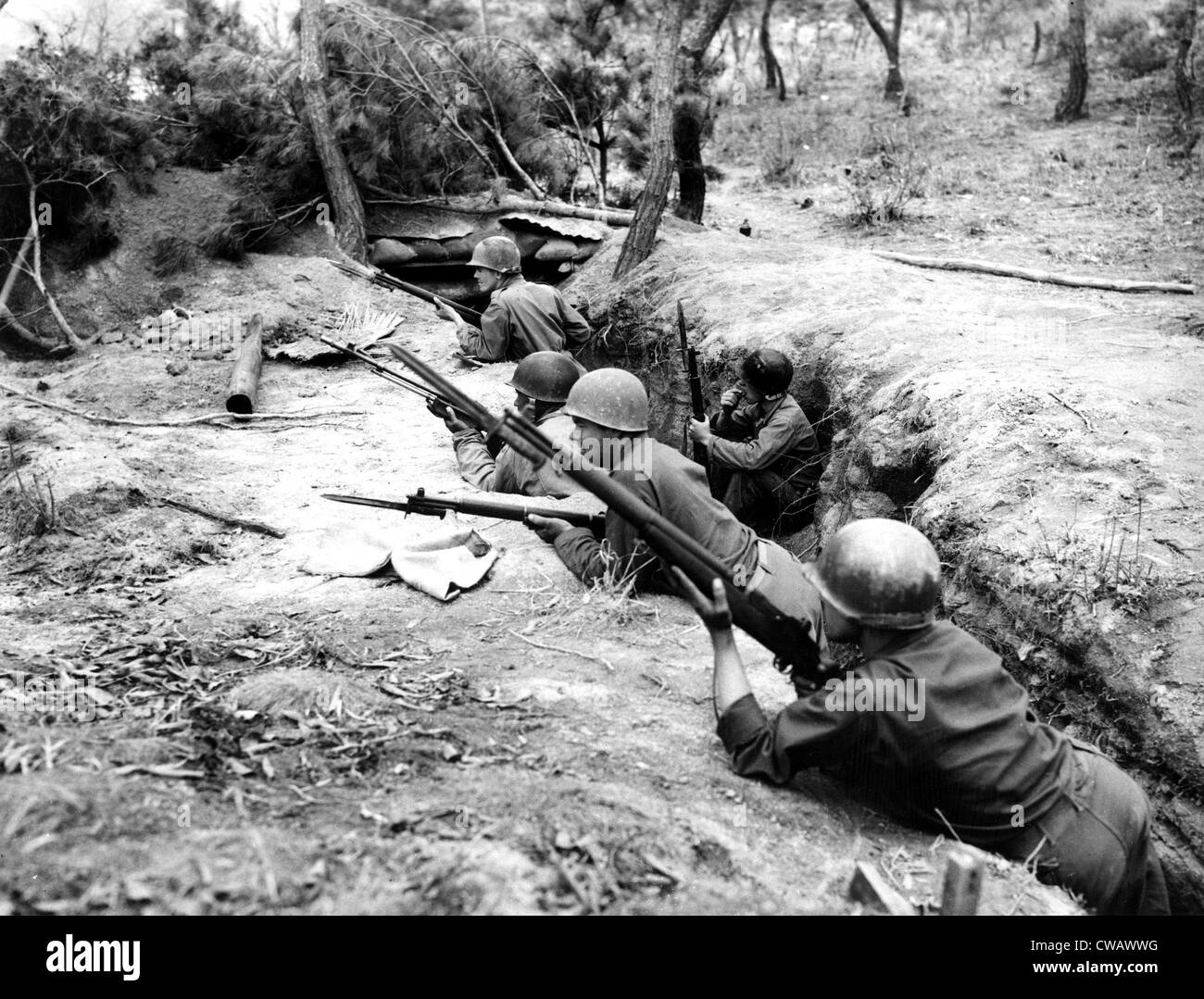 Korean War: American soldiers in the trenches, Korea, 1950. Courtesy Everett/CSU Archives Stock Photo