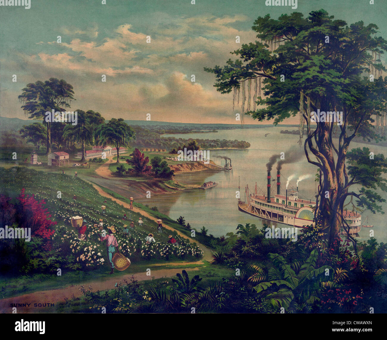 Idealized view of a plantation in the 'Sunny South', with African Americans picking cotton. The plantation has a cotton gin and Stock Photo