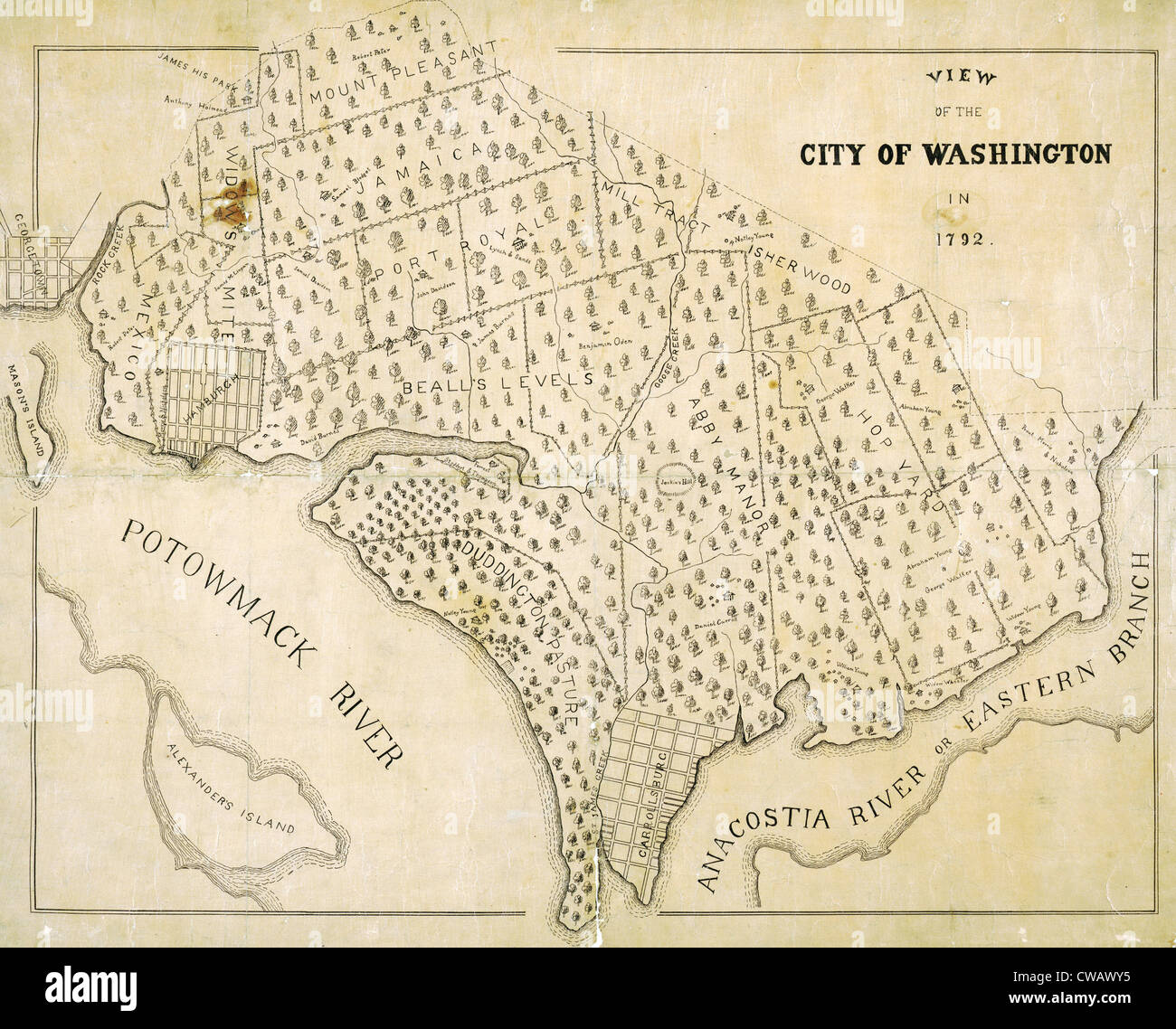 Washington, D.C. Map showing the original plantation land that would become the District of Columbia. 1792 Stock Photo