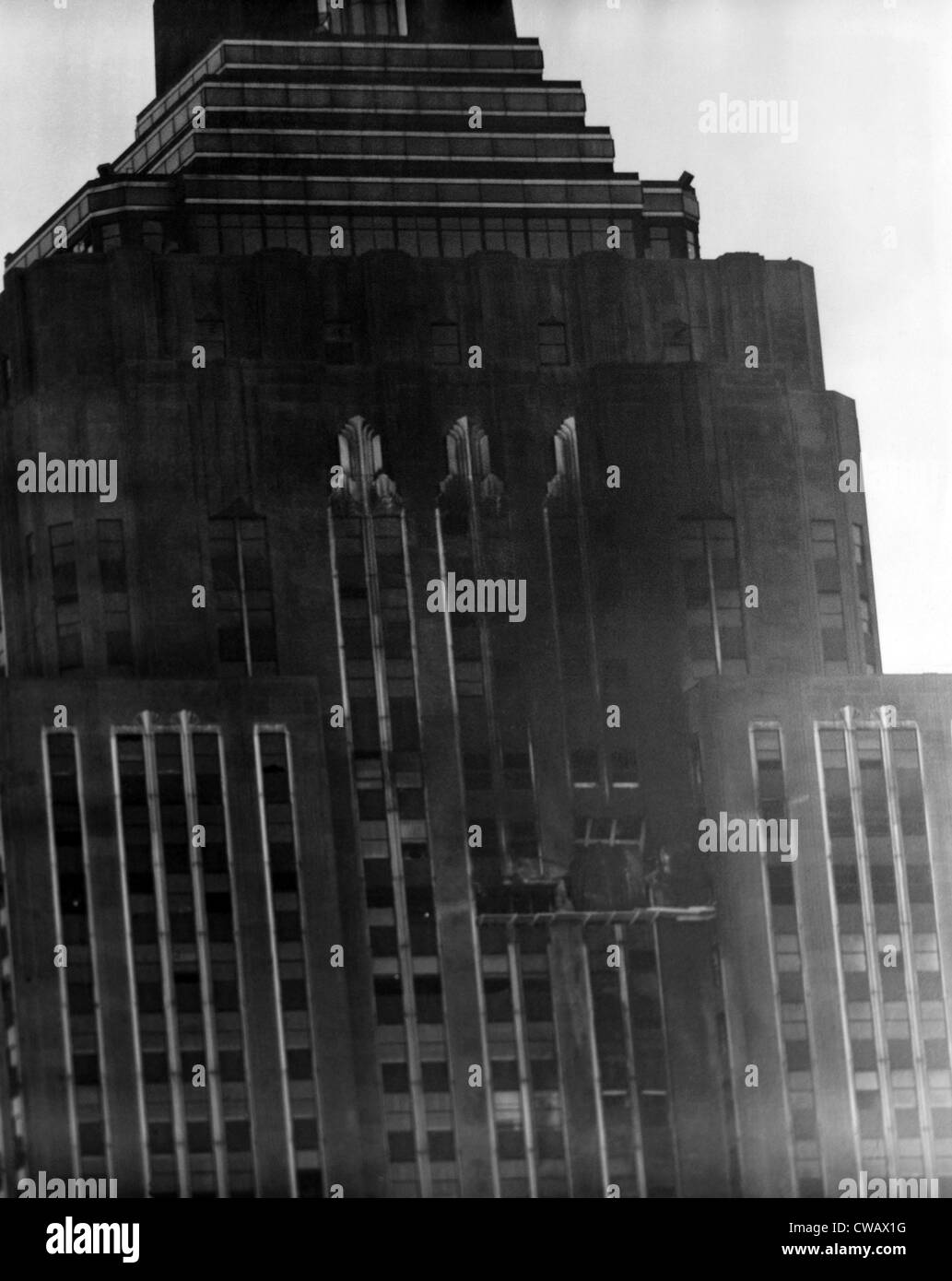 A close up view of damage to the south side wall of the Empire State Building the day after a B-25 Bomber accidently crashed Stock Photo