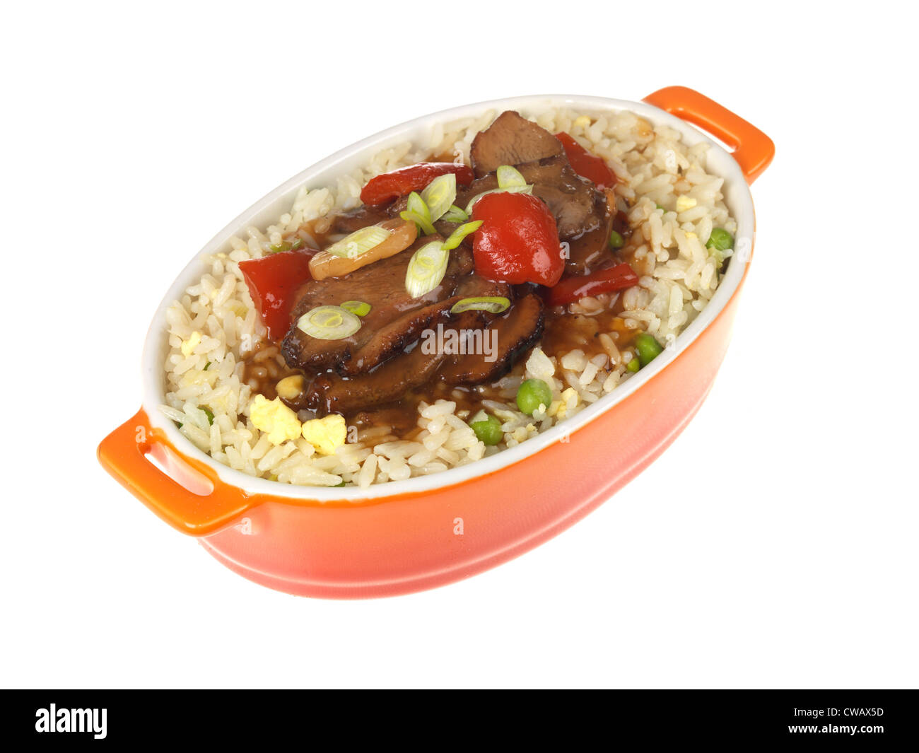 Authentic Stir-Fried Chinese Style Duck In Plum Sauce With Egg Fried Rice Meal, Isolated Against A White Background, With A Clipping Path, No People Stock Photo