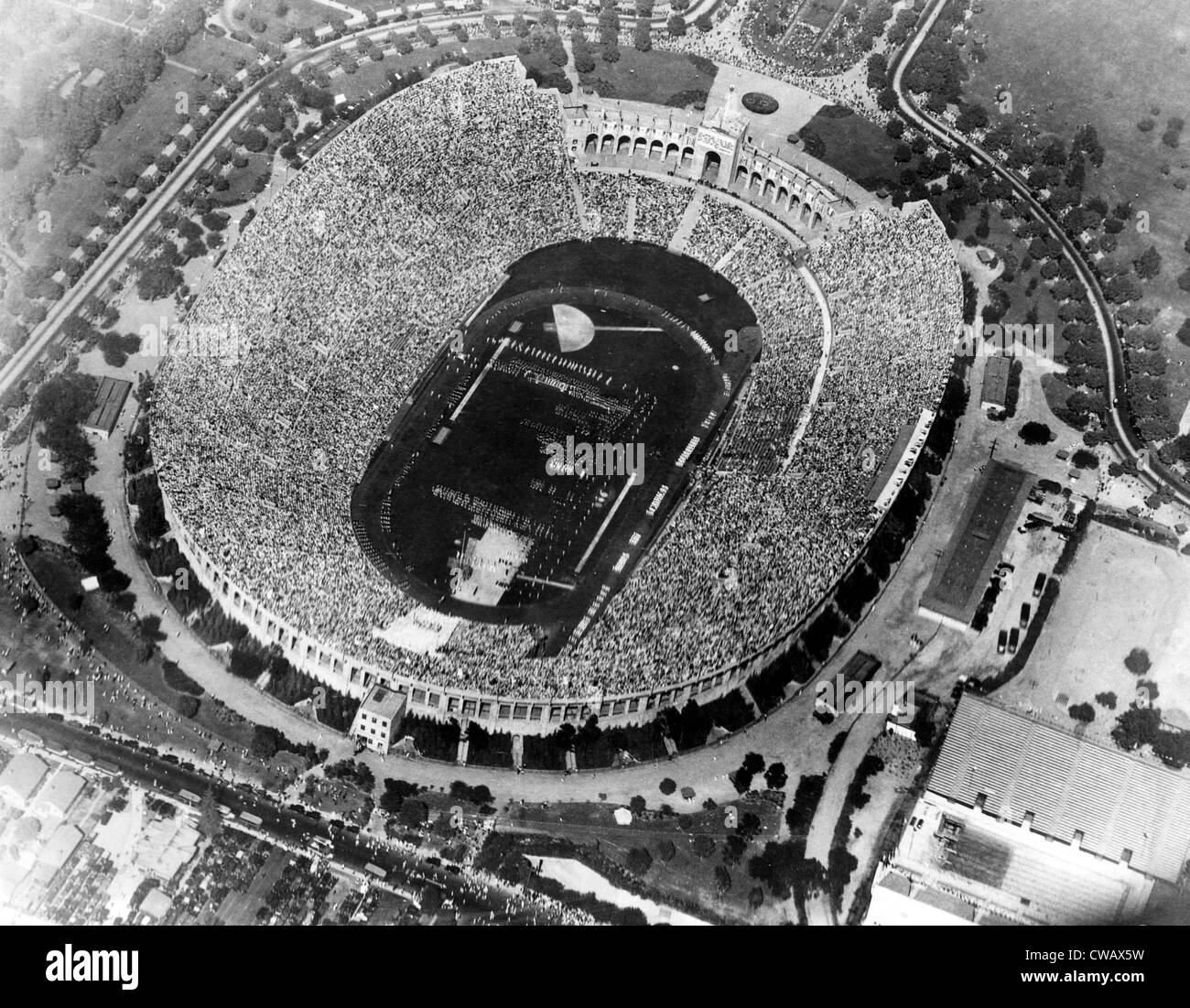 Aerial view of opening day games at the 1932 Olympics, Memorial Coliseum, Los Angeles California. July 16, 1932. Courtesy: CSU Stock Photo