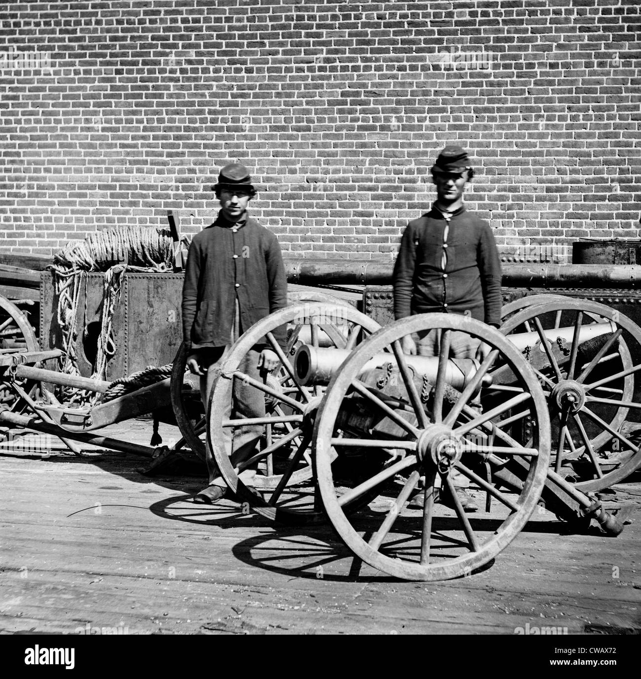 The Civil War, Richmond, Virginia, Confederate brass mountain howitzers, from glass negative, 1865. Stock Photo