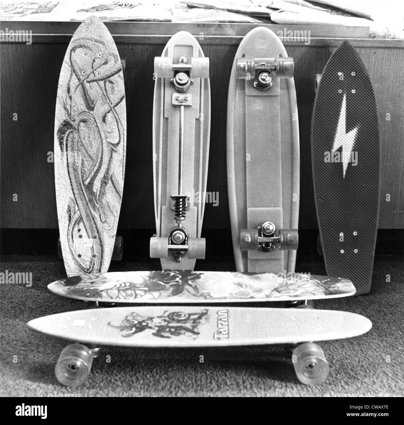 Skateboards, become hugely popular in the mid-1970s.  Various designs of skateboards are shown in this photo, May 3, 1976. Stock Photo