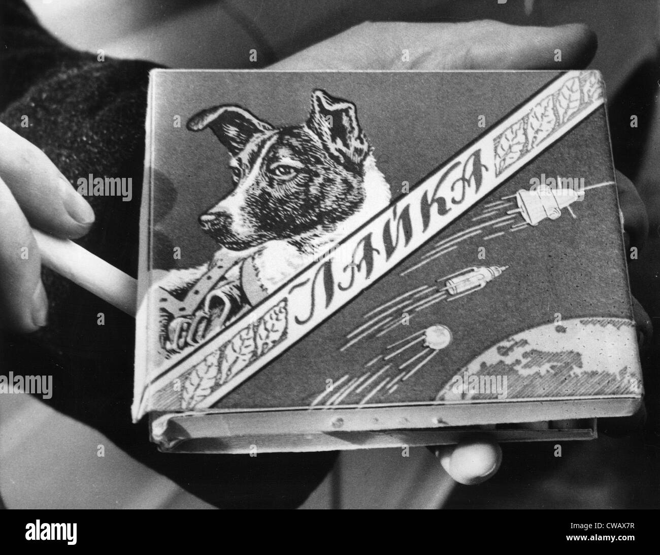 Laika the Russian space dog, first creature to orbit the earth has a brand of cigarettes named for him, 1960. Courtesy: CSU Stock Photo