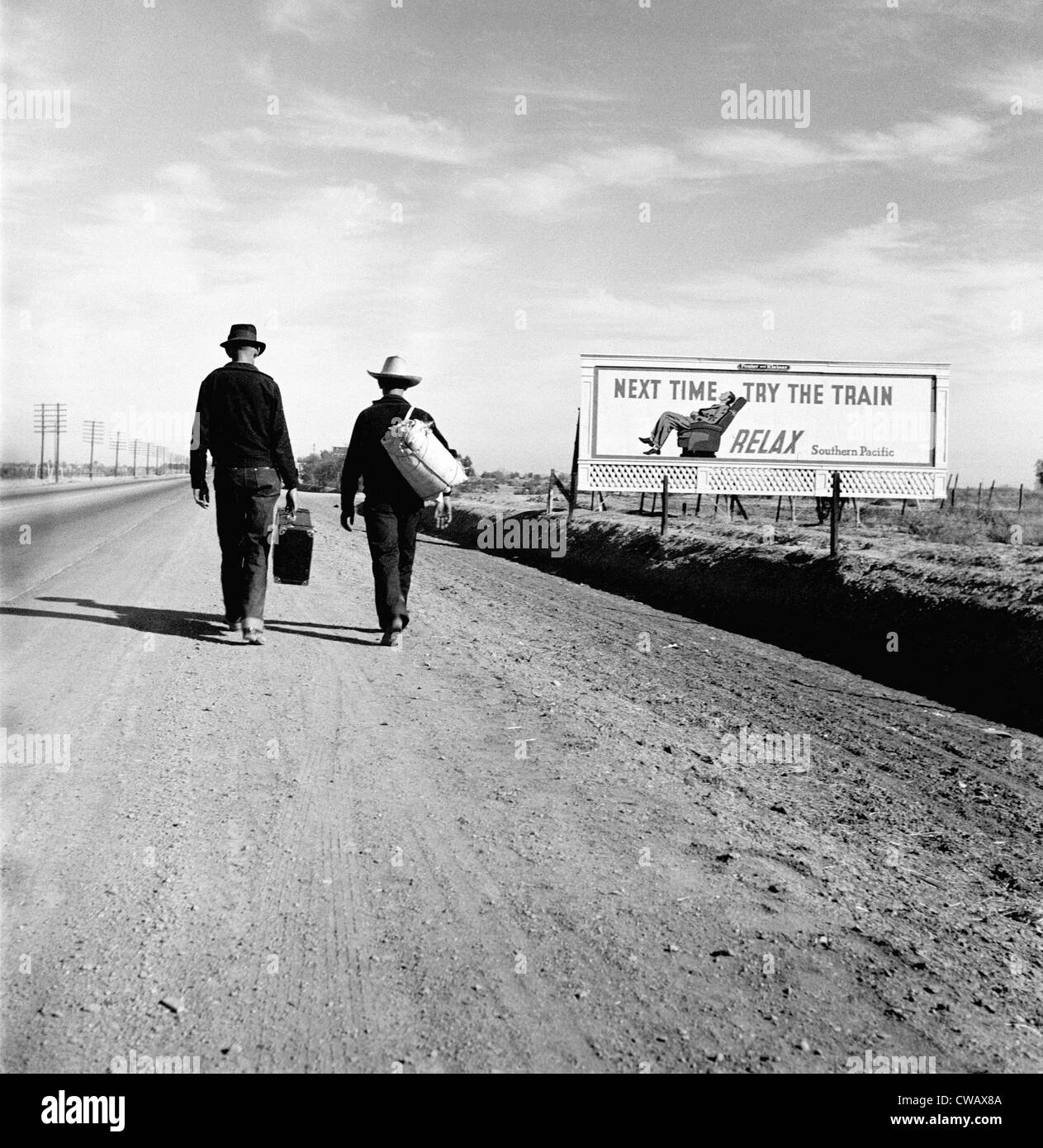 The Great Depression. Toward Los Angeles, California, billboard reads:  'Next time try the train Relax Southern Pacific', by Stock Photo - Alamy, image size:1263x1390